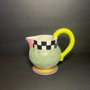 Vintage CBK LTD 1998 Hand Painted Ceramic Checkered & Polka Dot Whimsy Creamer